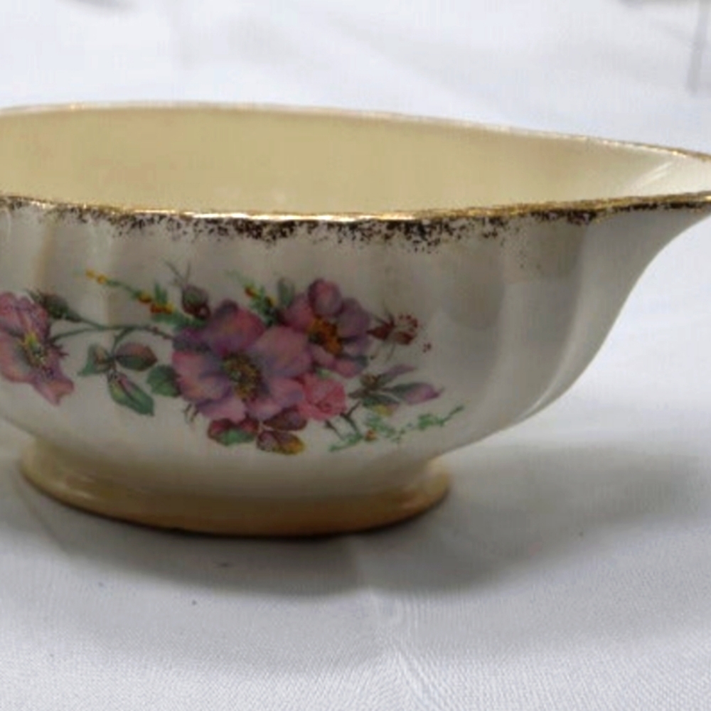 Antique Limoges Gravy Boat Wild Rose Pattern 22K Gold Trim